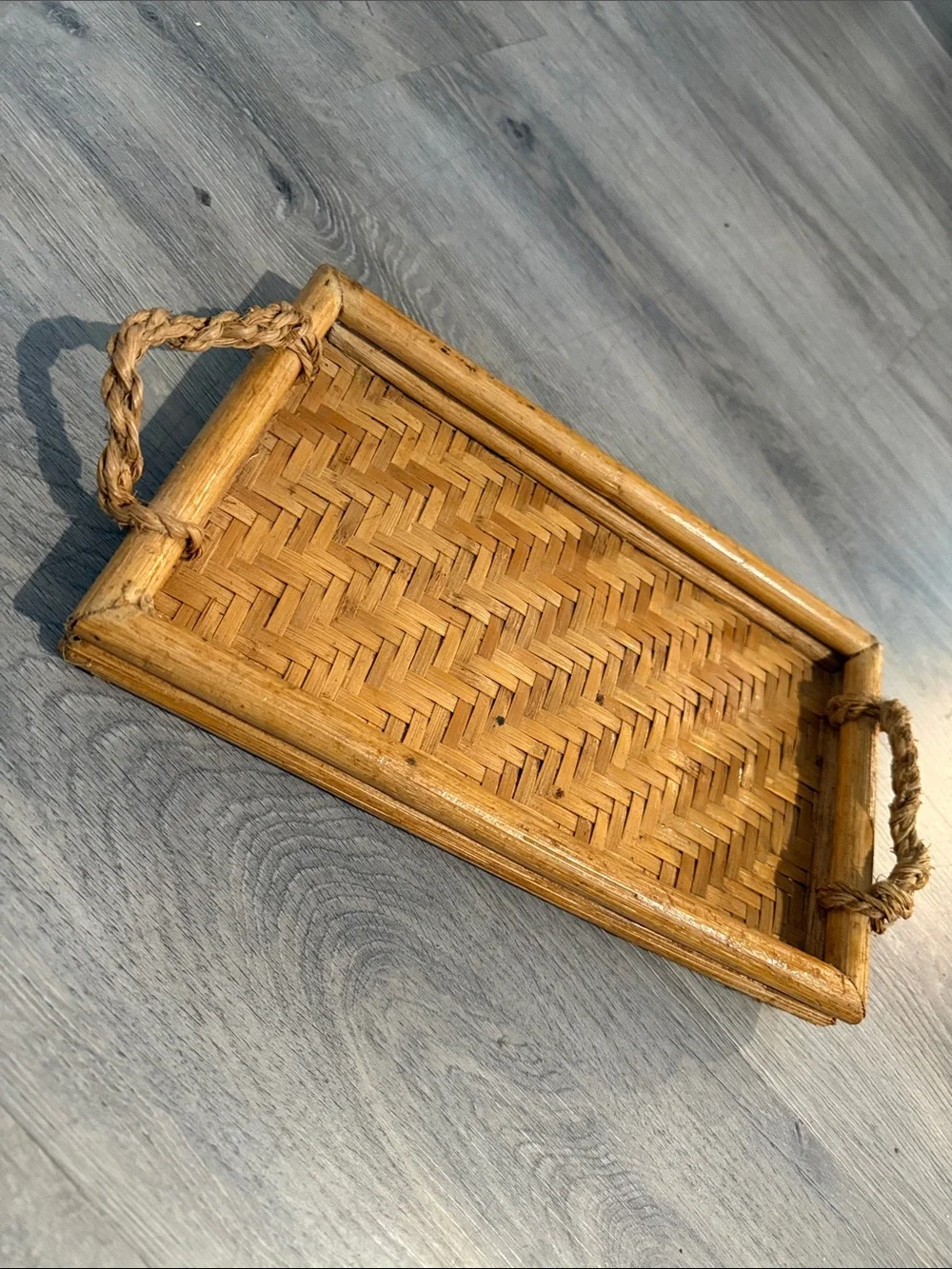 Vintage Bamboo Woven Serving Tray with Rope Handles 💕